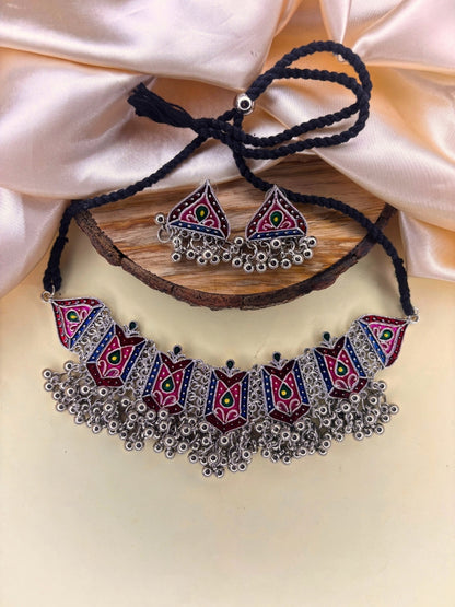 Oxidised Silver-Plated Multicolour Tribal Choker Jewellery Necklace Set