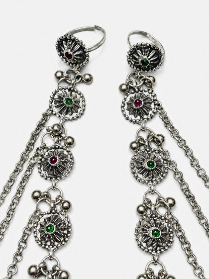 Women Oxidised Silver-Plated Pink Kundan Stone-Studded Layered Chain Anklet with Toe Ring