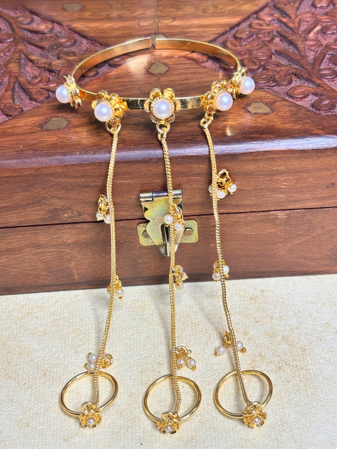 Gold-Plated Pearls Studded Ghungaroo Hath Phool  Kashmiri Ring Bracelet set
