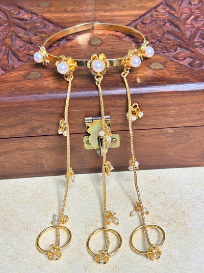 Gold-Plated Pearls Studded Ghungaroo Hath Phool  Kashmiri Ring Bracelet set