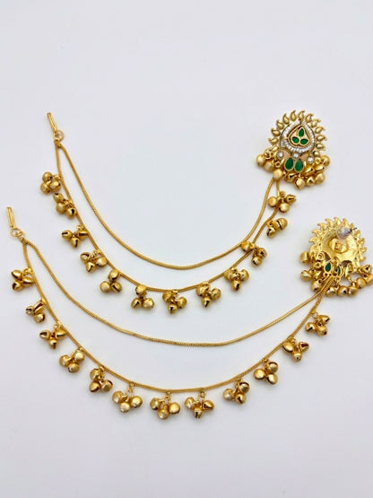 Women Gold-Plated Kundan Studded Earrings with Hair Chain