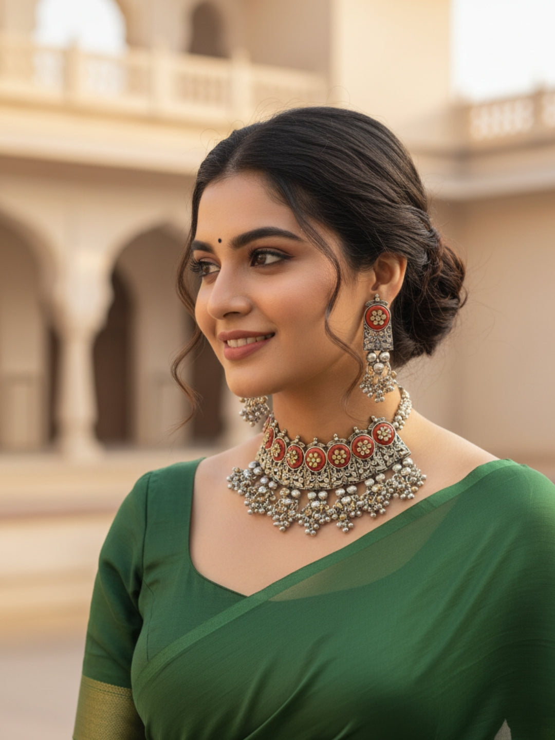 VIVAZS Silver-Plated Oxidised Choker Necklace and Earrings(RED)