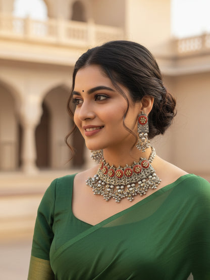 VIVAZS Silver-Plated Oxidised Choker Necklace and Earrings(RED)