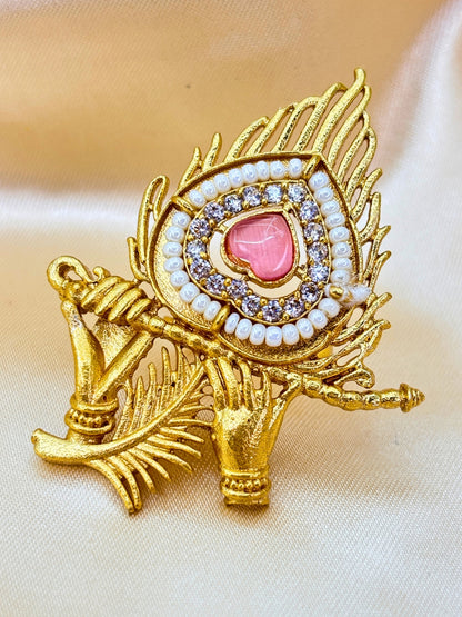 Gold-Plated Red AD stones Studded &  Peacock Feather shaped Adjustable Statement Ring