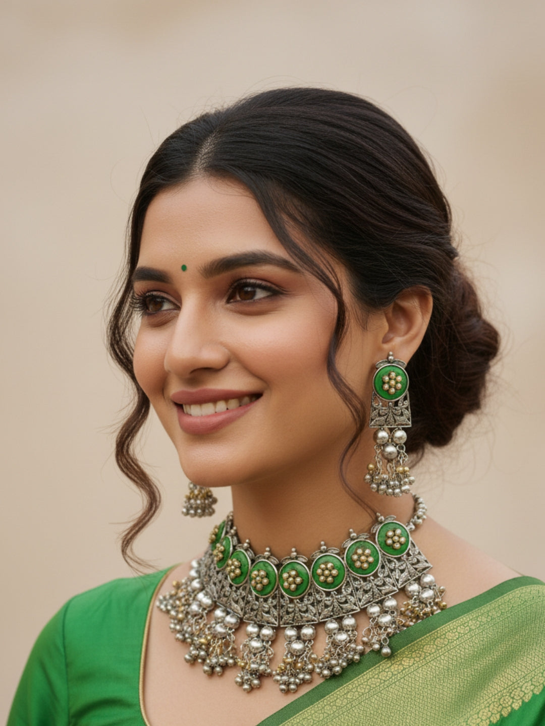 VIVAZS Silver-Plated Oxidised Choker Necklace and Earrings(Green)