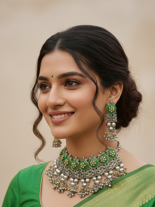 VIVAZS Silver-Plated Oxidised Choker Necklace and Earrings(Green)
