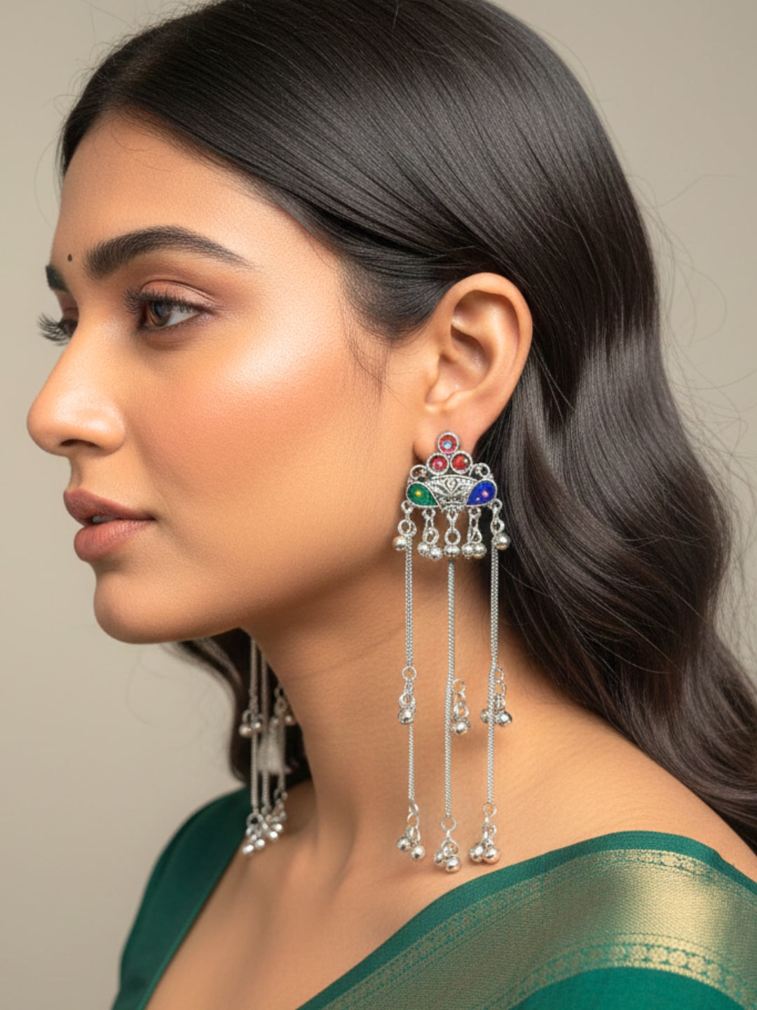 Silver Toned Oxidised Kashmiri Long Drop Earrings(Multicolor)