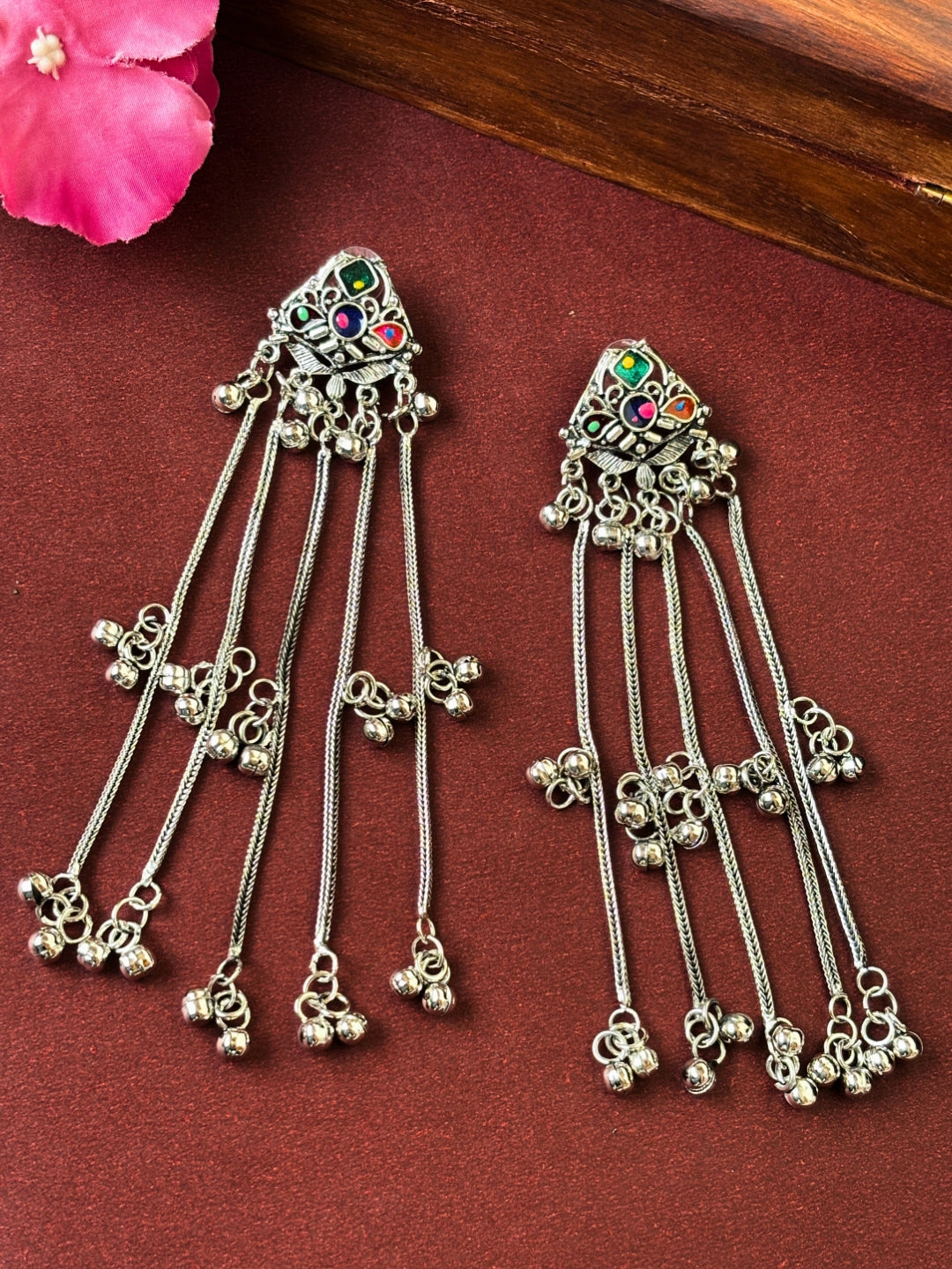Silver Toned Oxidised Kashmiri Long Drop Earrings(Multicolor)