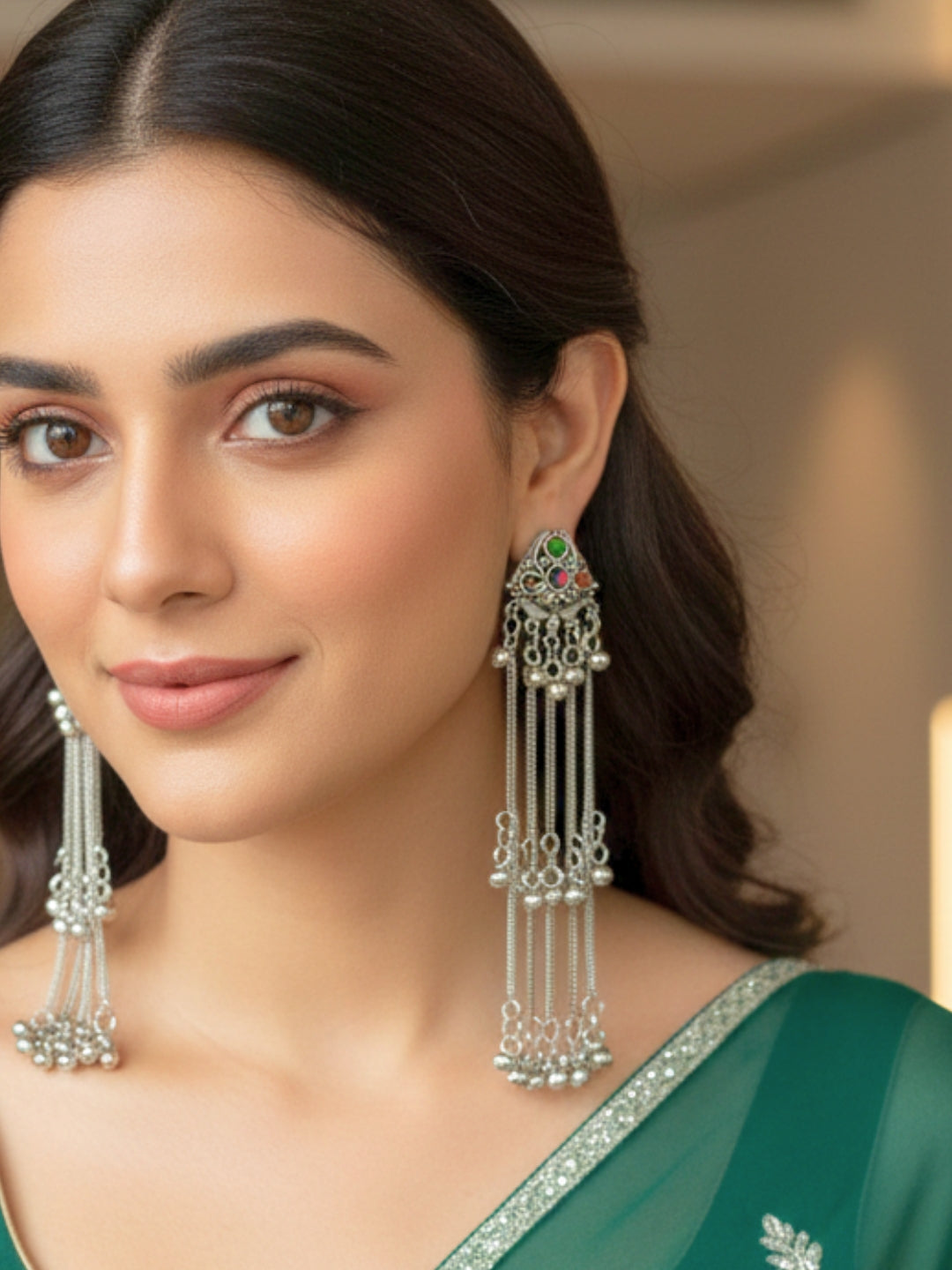 Silver Toned Oxidised Kashmiri Long Drop Earrings(Multicolor)