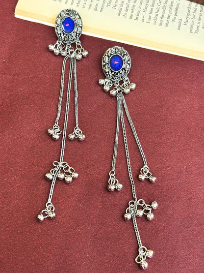 Silver Toned Oxidised Kashmiri Long Drop Earrings(Blue)