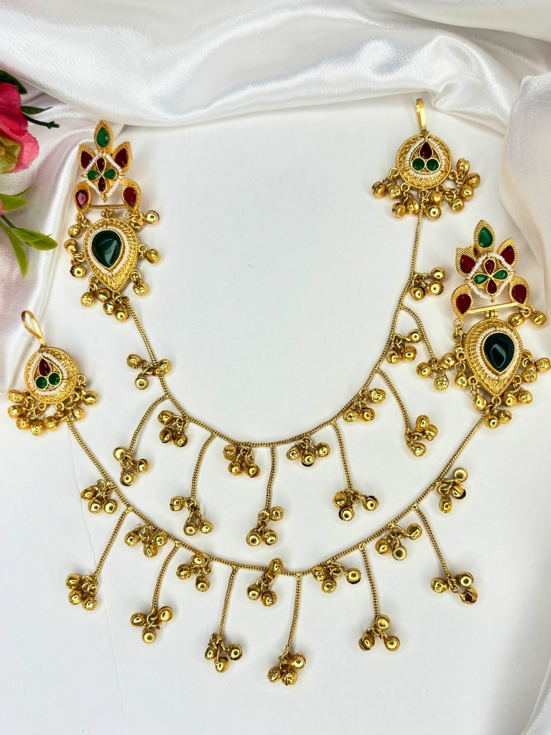 Gold-Plated Premium Kundan Green & Red Stone-Studded Kan Chain Earrings
