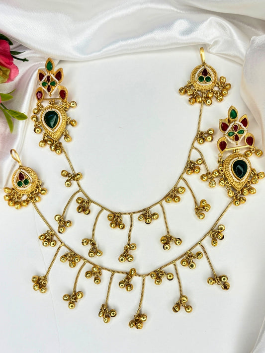 Gold-Plated Premium Kundan Green & Red Stone-Studded Kan Chain Earrings