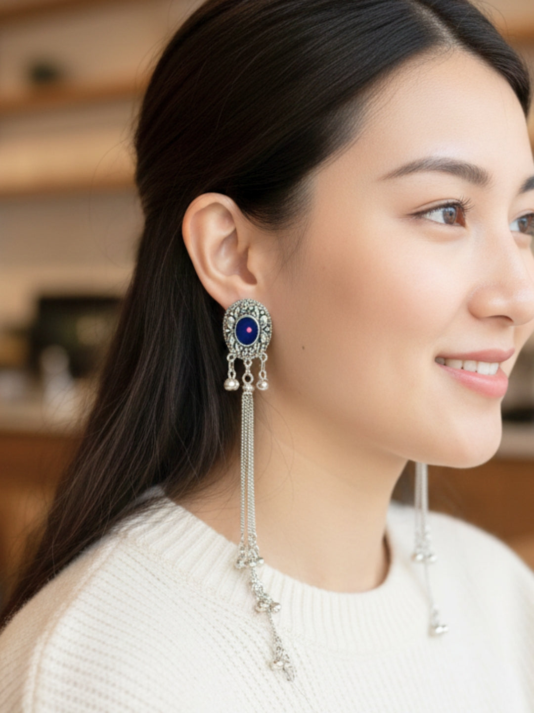 Silver Toned Oxidised Kashmiri Long Drop Earrings(Blue)