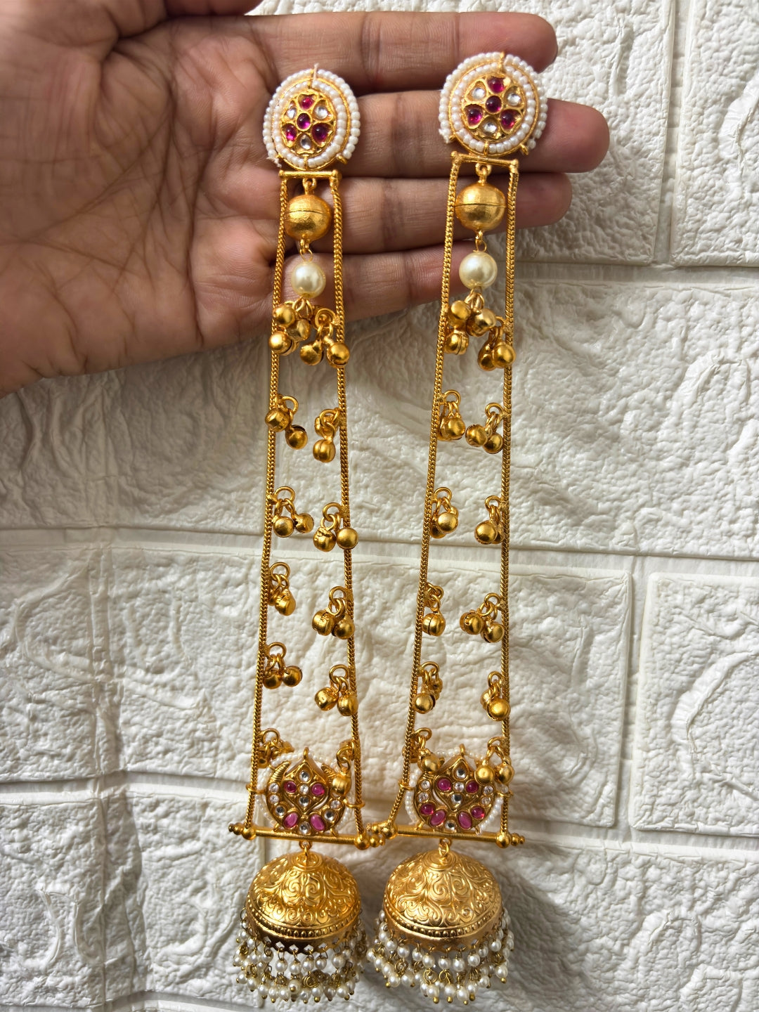 VIVAZS Gold Plated Kashmiri Long Drop Earrings(Pink and White)