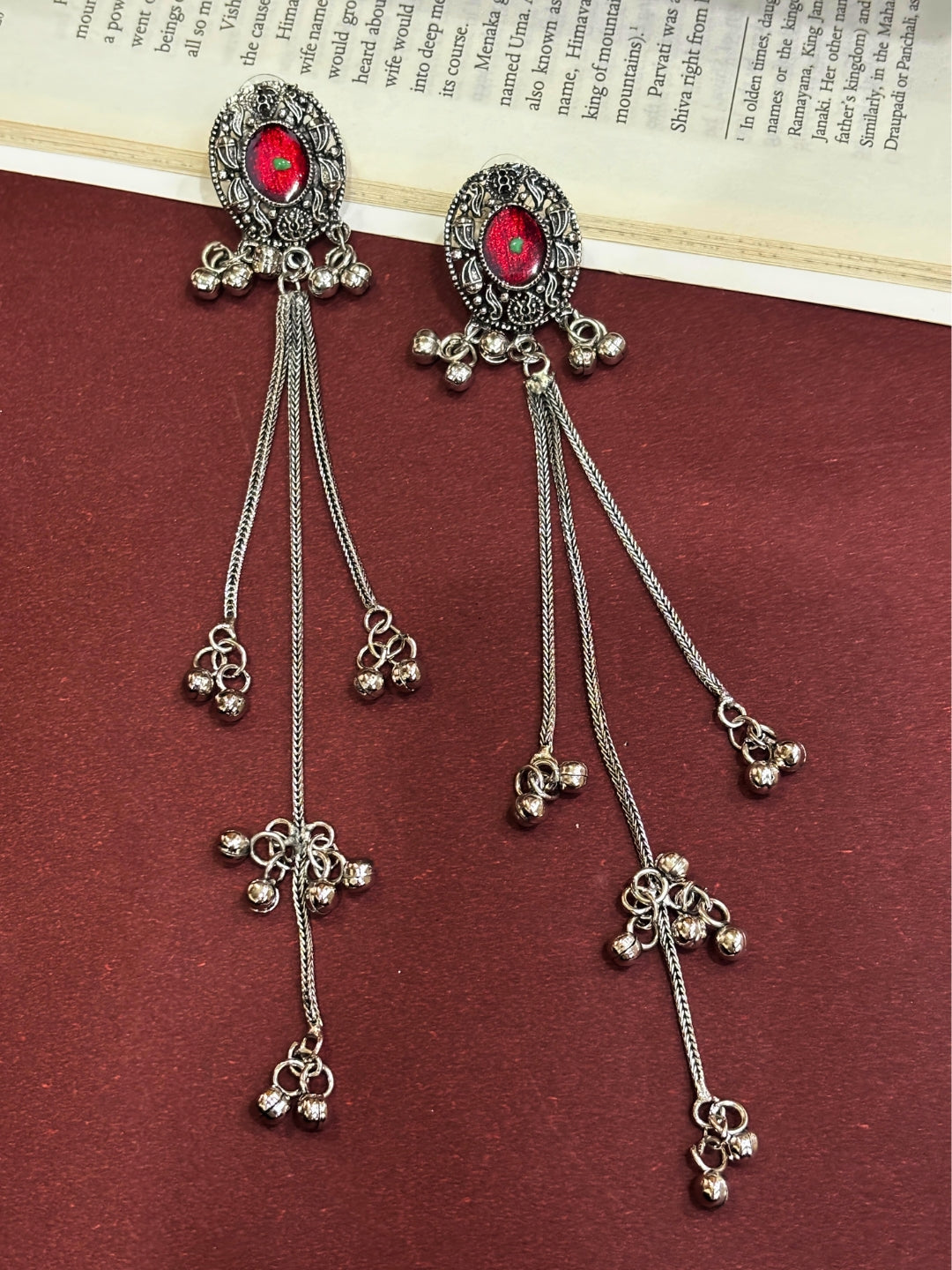 VIVAZS Silver Toned Oxidised Kashmiri Long Drop Earrings(Red)
