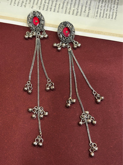 VIVAZS Silver Toned Oxidised Kashmiri Long Drop Earrings(Red)