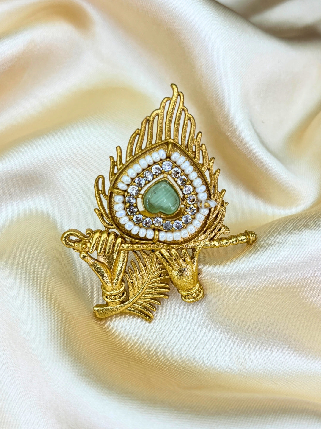 Gold-Plated Red AD stones Studded &  Peacock Feather shaped Adjustable Statement Ring