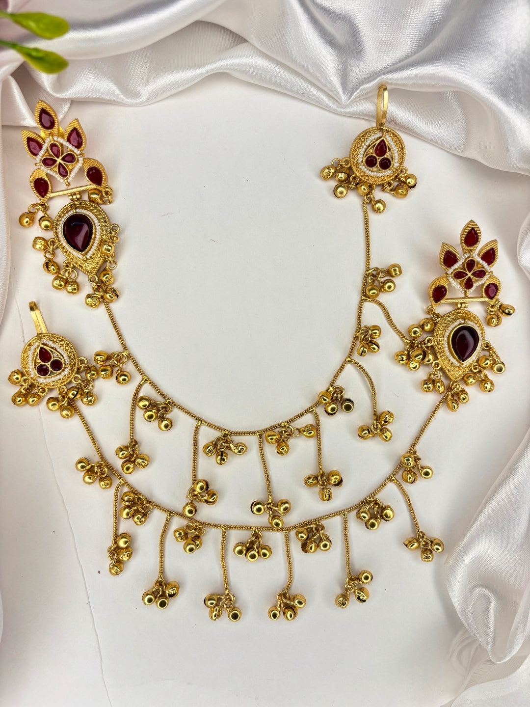 Gold-Plated Premium Kundan Green & Red Stone-Studded Kan Chain Earrings