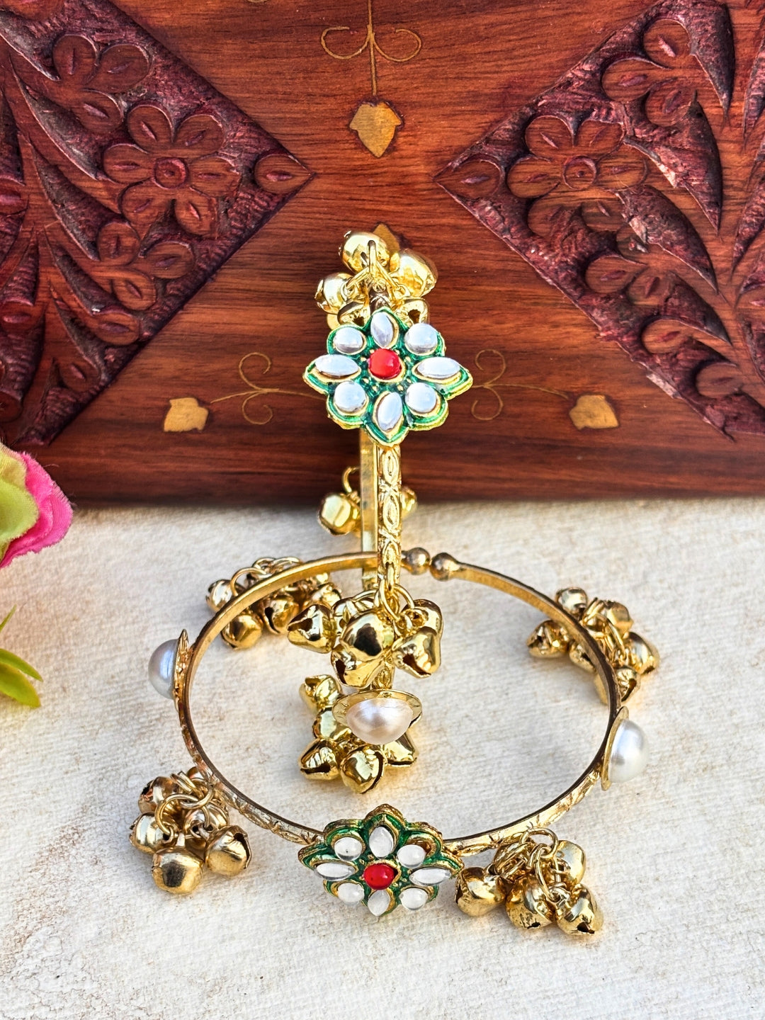 2pcs Gold Toned Adjustable Kundan Gungaroo Traditional Bangles