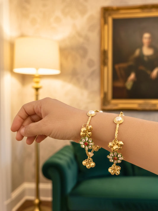 2pcs Gold Toned Adjustable Kundan Gungaroo Traditional Bangles