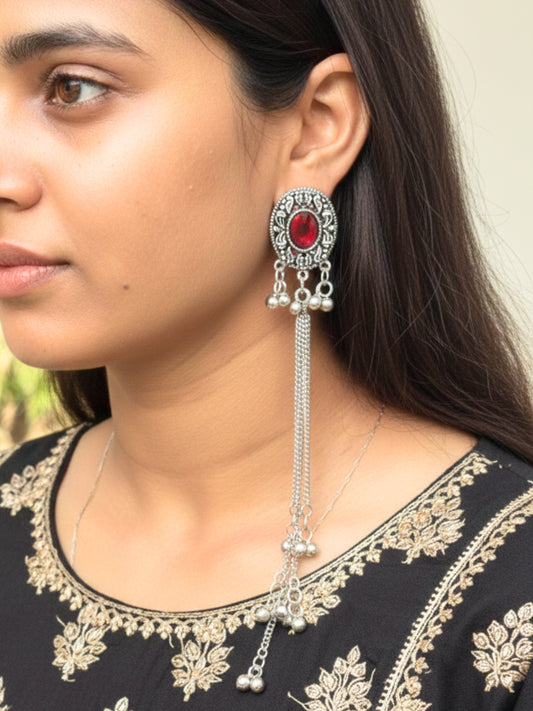 VIVAZS Silver Toned Oxidised Kashmiri Long Drop Earrings(Red)