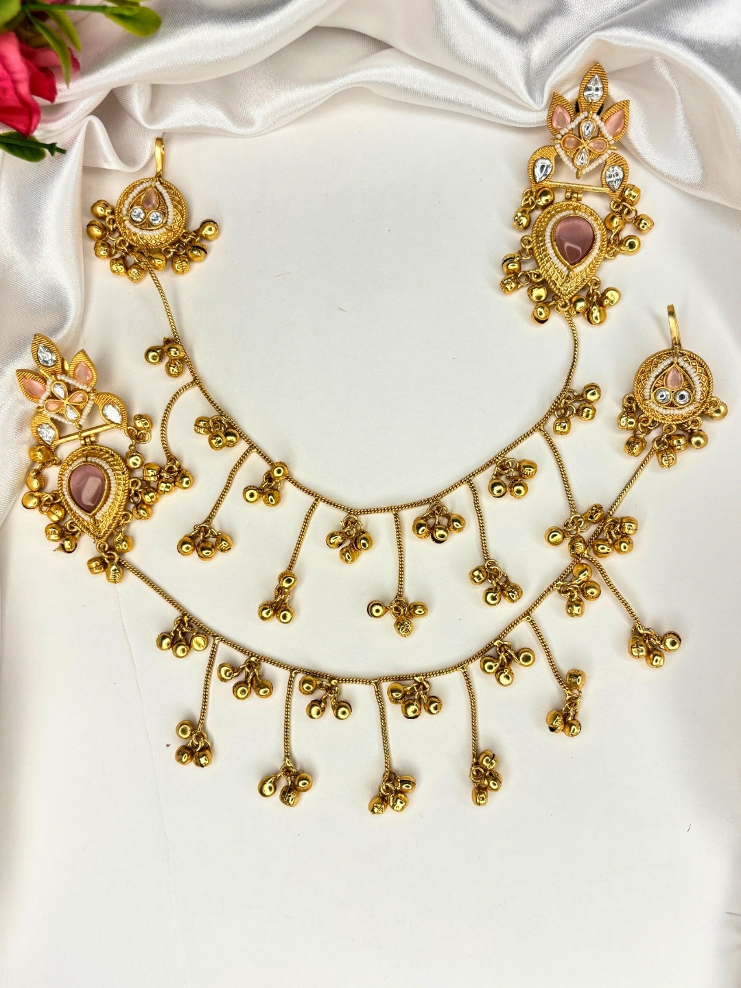 Gold-Plated Premium Kundan Green & Red Stone-Studded Kan Chain Earrings