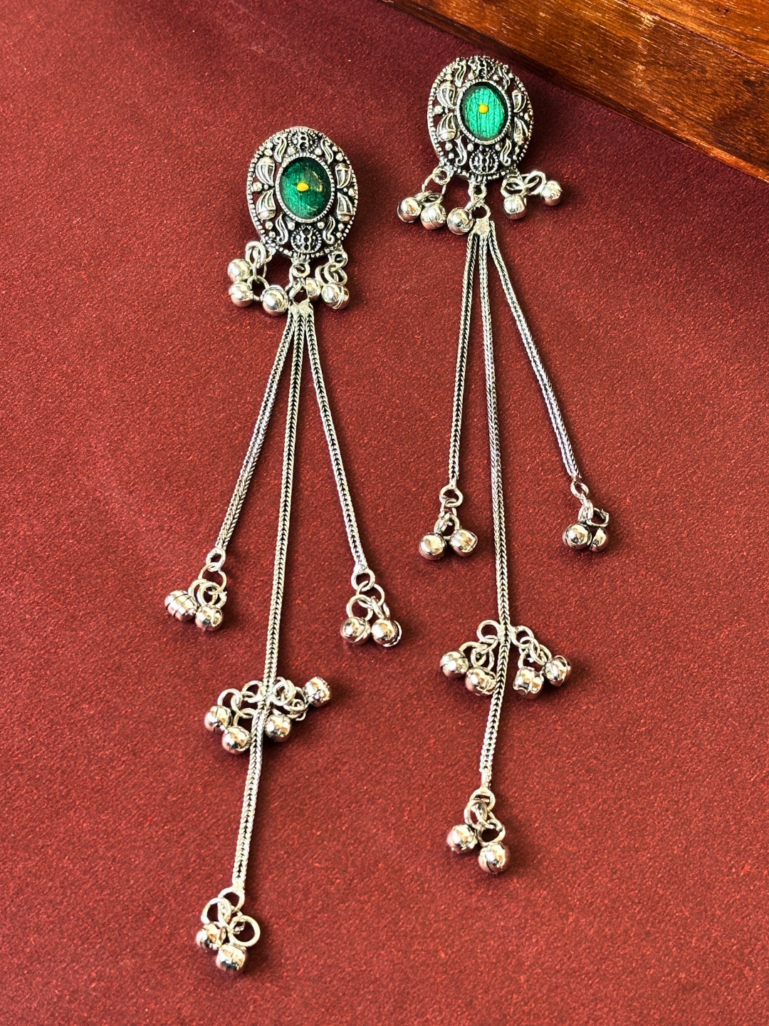 VIVAZS Silver Toned Oxidised Kashmiri Long Drop Earrings(Green)
