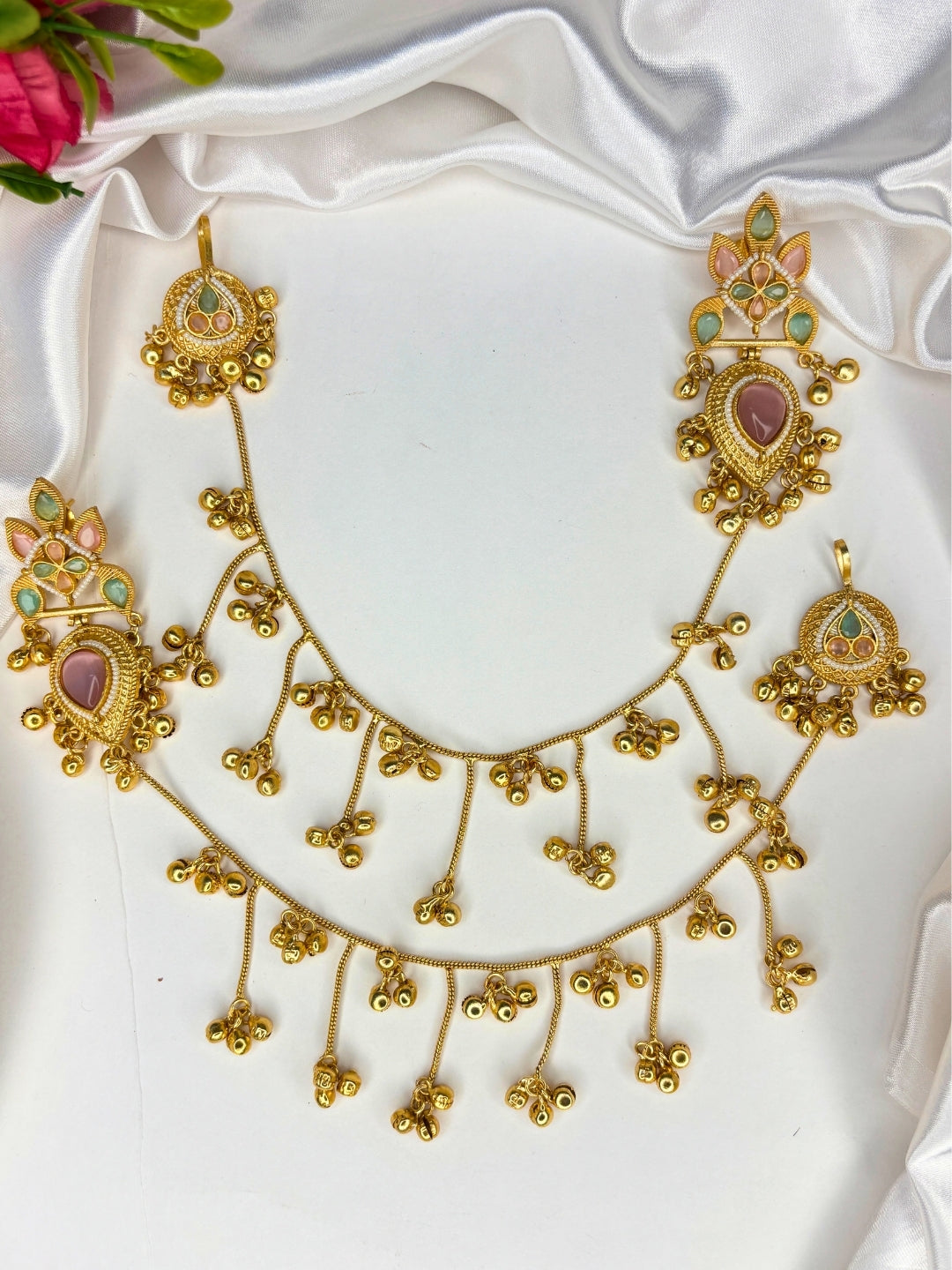 Gold-Plated Premium Kundan Green & Red Stone-Studded Kan Chain Earrings