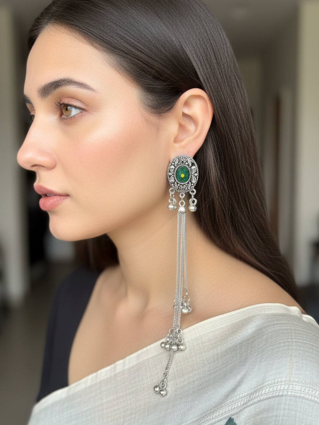 VIVAZS Silver Toned Oxidised Kashmiri Long Drop Earrings(Green)