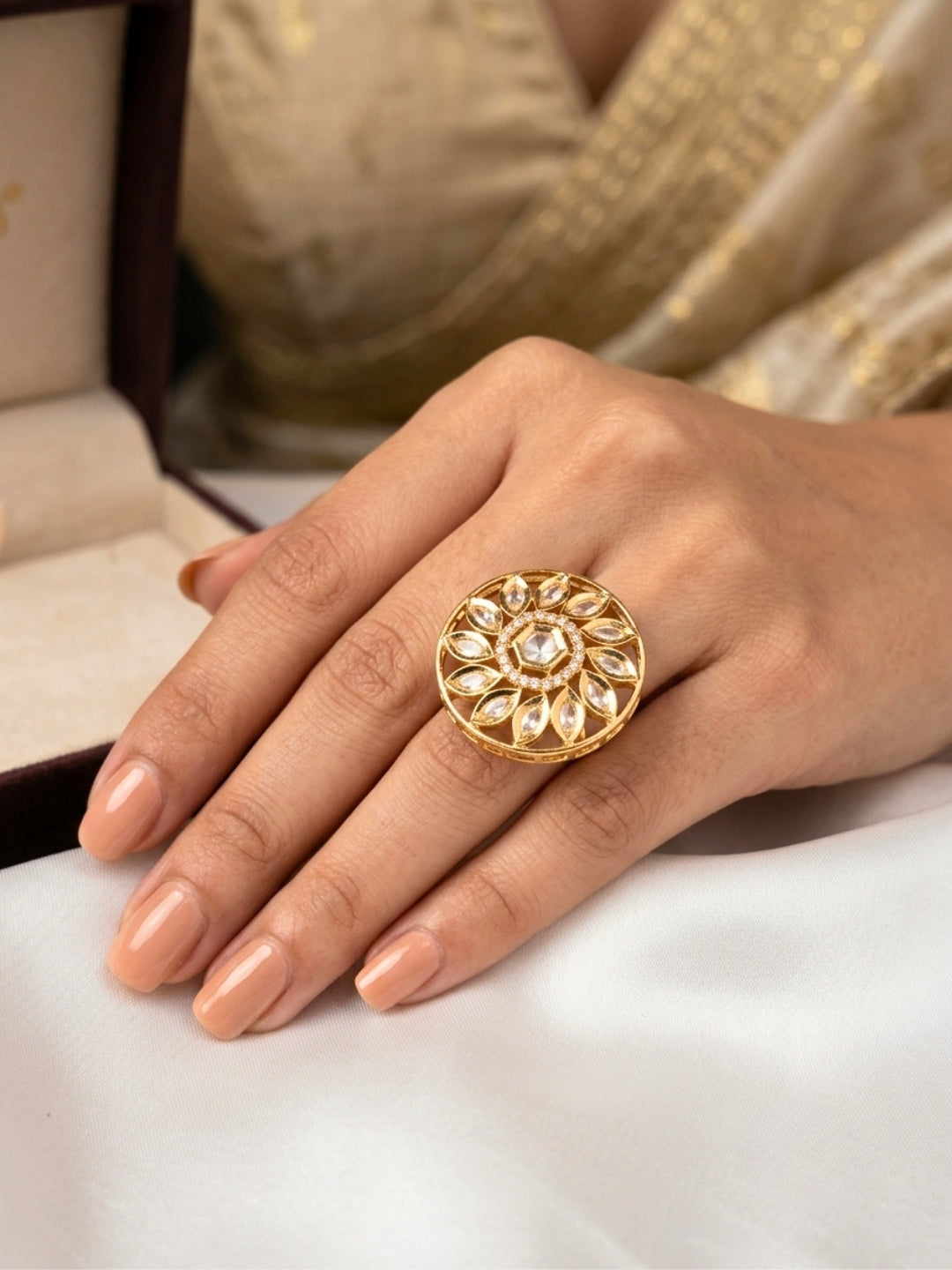 Gold-Plated Floral White Kundan Stones Adjustable Statement Finger Ring