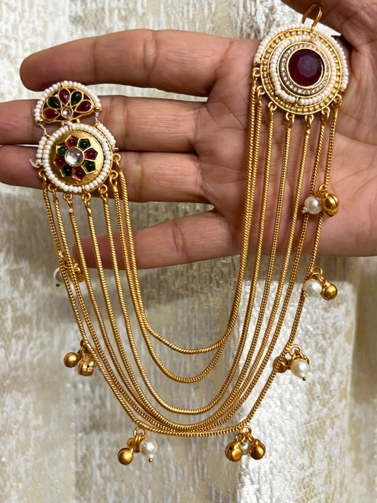 VIVAZS Kundan and AD Crystal Statement Kan Chain Earrings