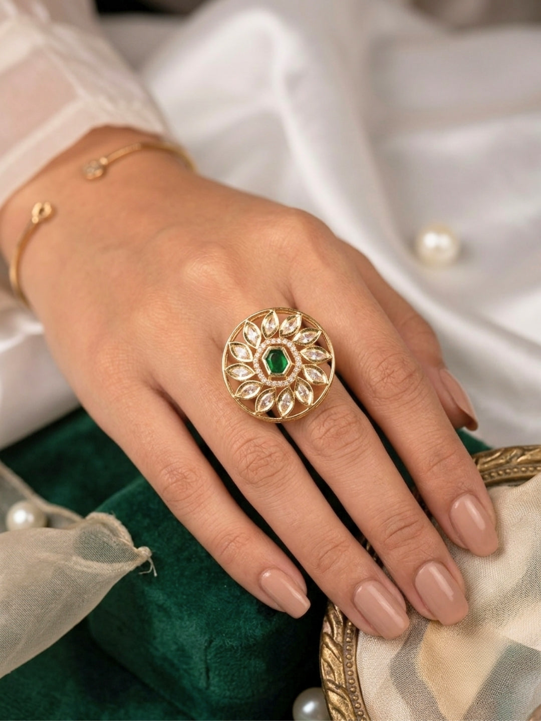 Gold-Plated Floral White Kundan Stones Adjustable Statement Finger Ring