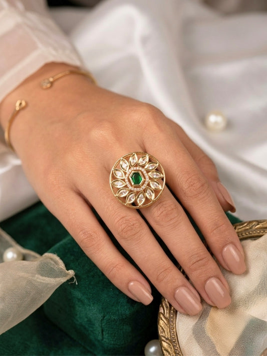 Gold-Plated Floral White Kundan Stones Adjustable Statement Finger Ring