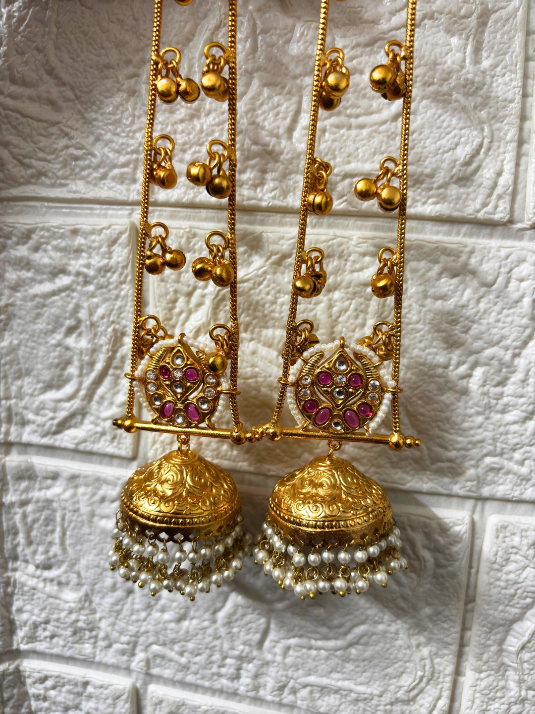 VIVAZS Gold Plated Kashmiri Long Drop Earrings(Pink and White)