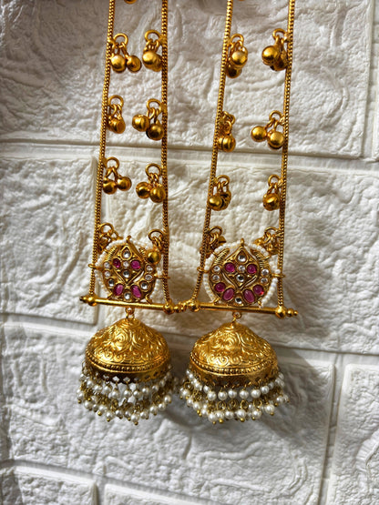 VIVAZS Gold Plated Kashmiri Long Drop Earrings(Pink and White)