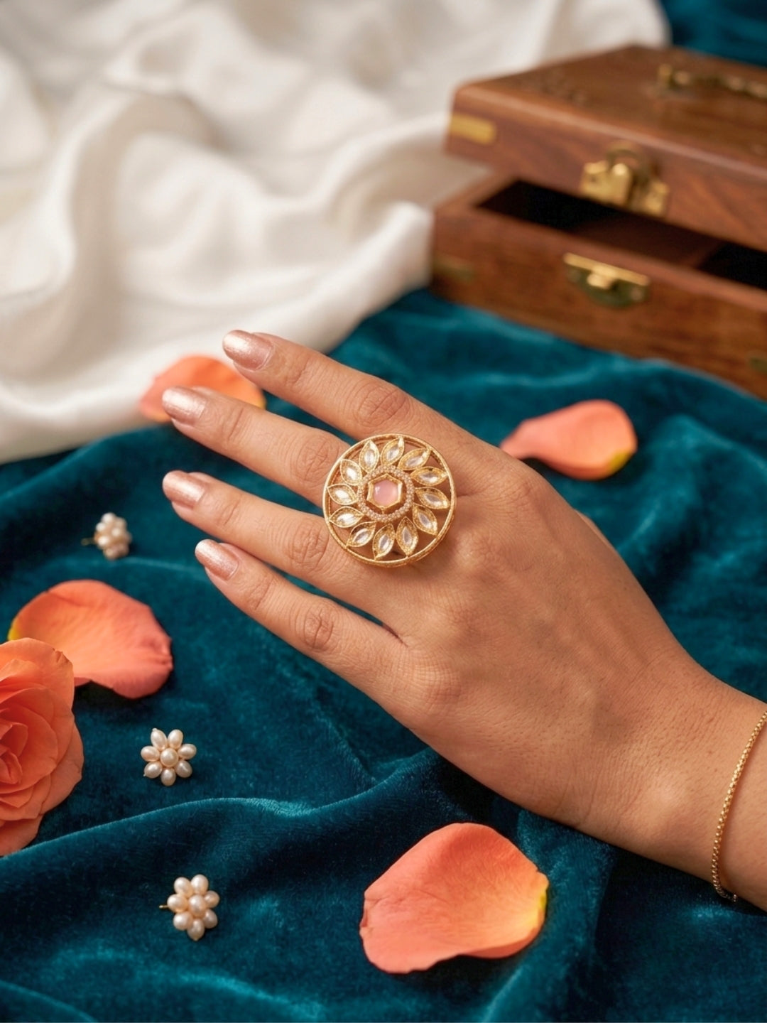 Gold-Plated Floral White Kundan Stones Adjustable Statement Finger Ring