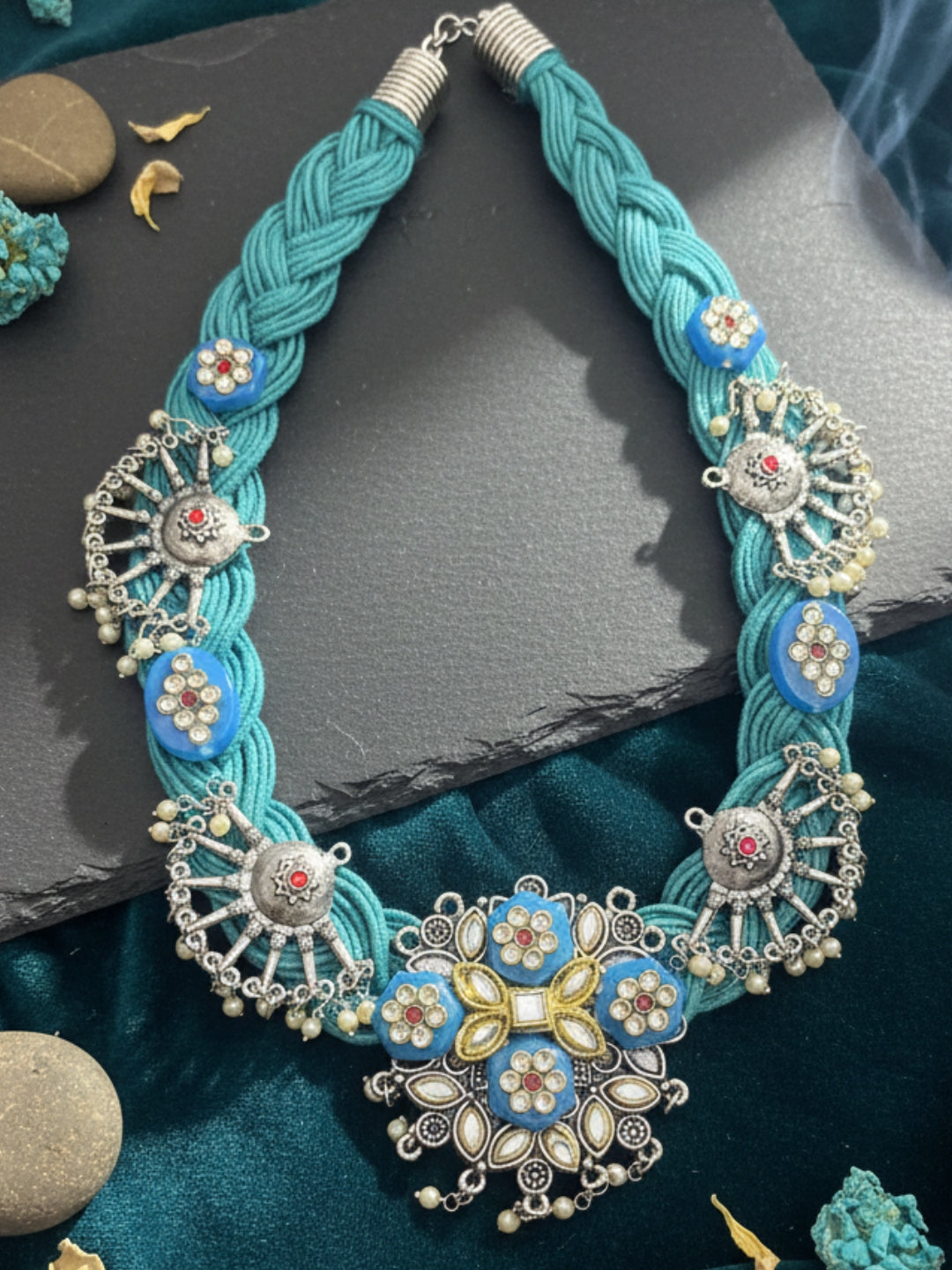 VIVAZS Jute Oxidised Silver Kundan Studded Crochet Necklace