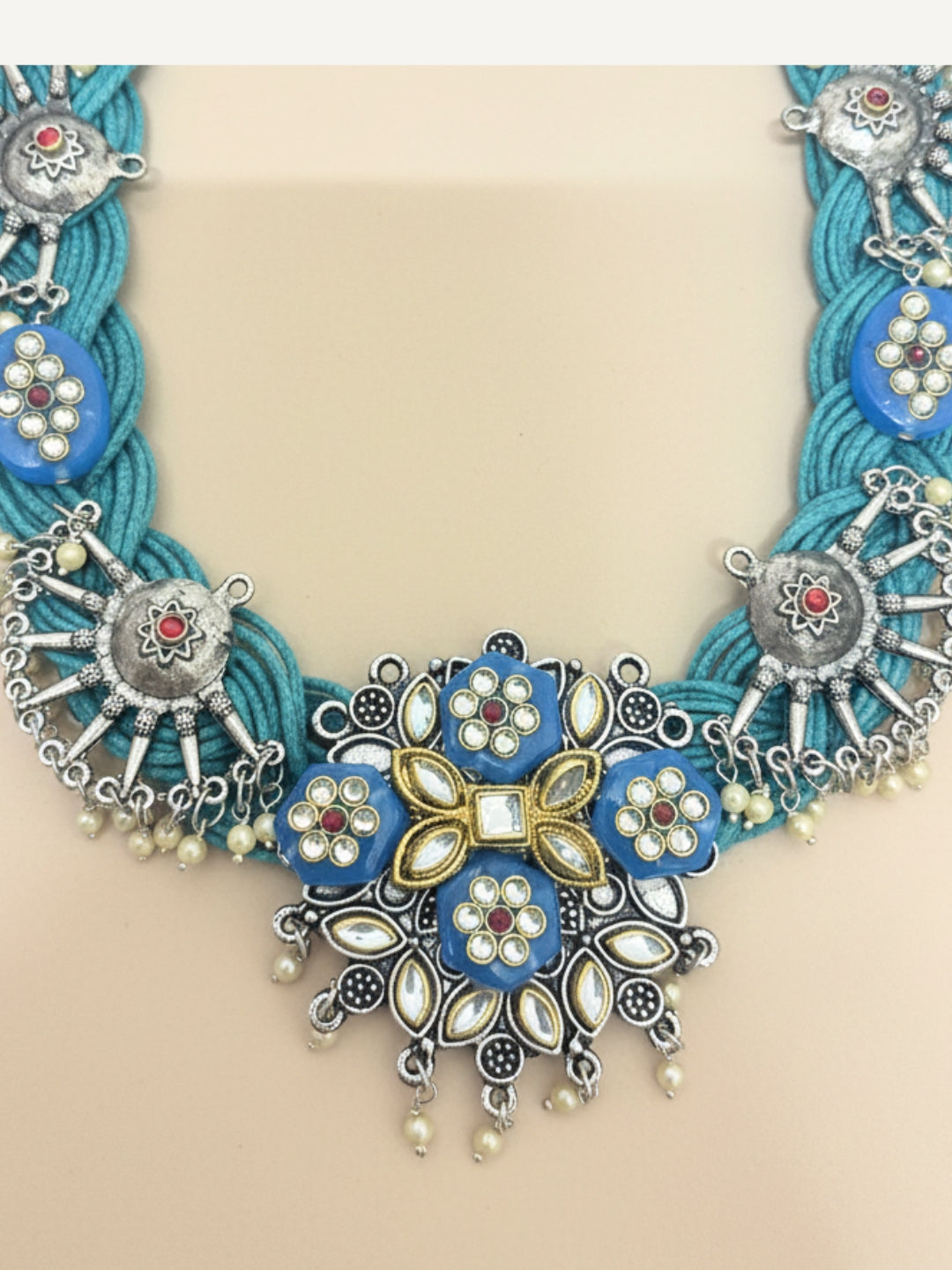 VIVAZS Jute Oxidised Silver Kundan Studded Crochet Necklace