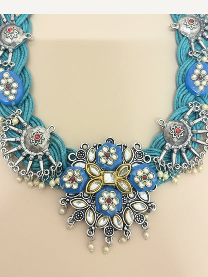 VIVAZS Jute Oxidised Silver Kundan Studded Crochet Necklace