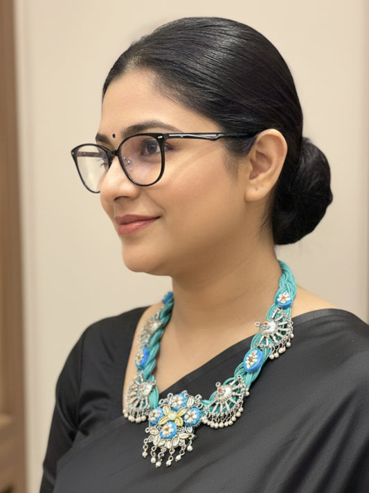 VIVAZS Jute Oxidised Silver Kundan Studded Crochet Necklace