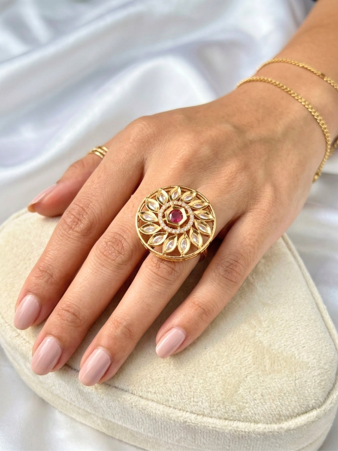 Gold-Plated Floral White Kundan Stones Adjustable Statement Finger Ring