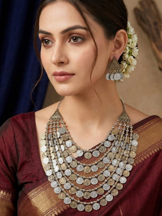 Oxidised Dual-Toned Antique Coin Layered Statement Necklace Jewellery Set