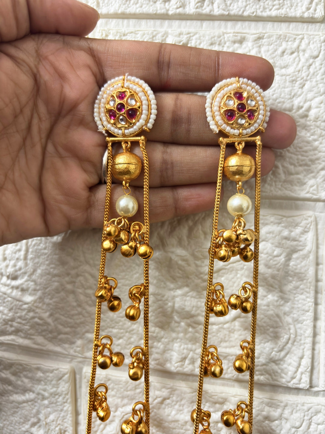 VIVAZS Gold Plated Kashmiri Long Drop Earrings(Pink and White)