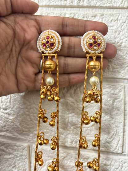 VIVAZS Gold Plated Kashmiri Long Drop Earrings(Pink and White)