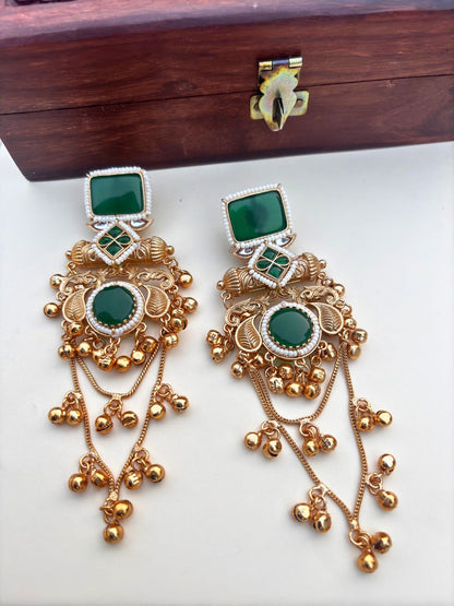 VIVAZS Kashmiri Long Drop Earrings (Green)