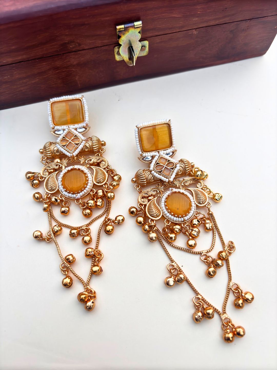 VIVAZS Kashmiri Long Drop Earrings (Yellow)