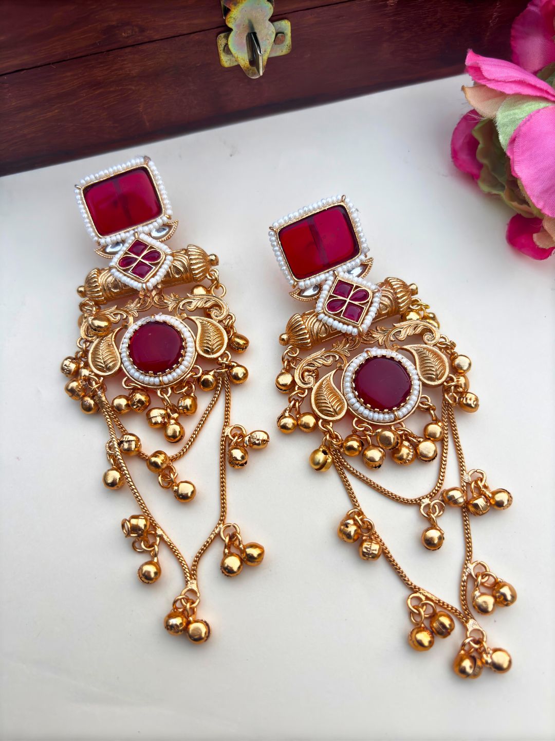 VIVAZS Kashmiri Long Drop Earrings (Red)