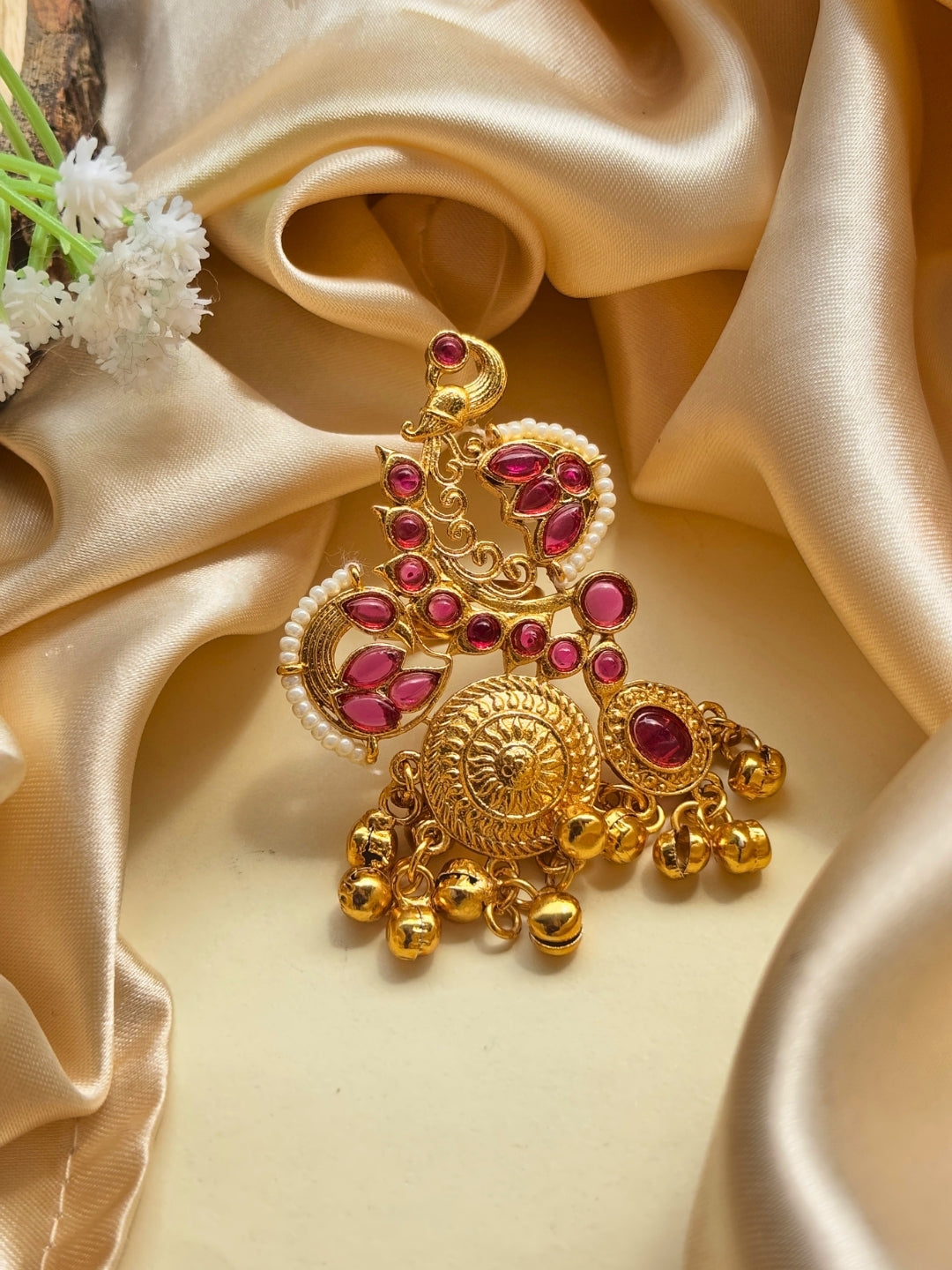 Gold-Plated Pink & Green Kundan Stones Ghungroo Adjustable Finger Ring