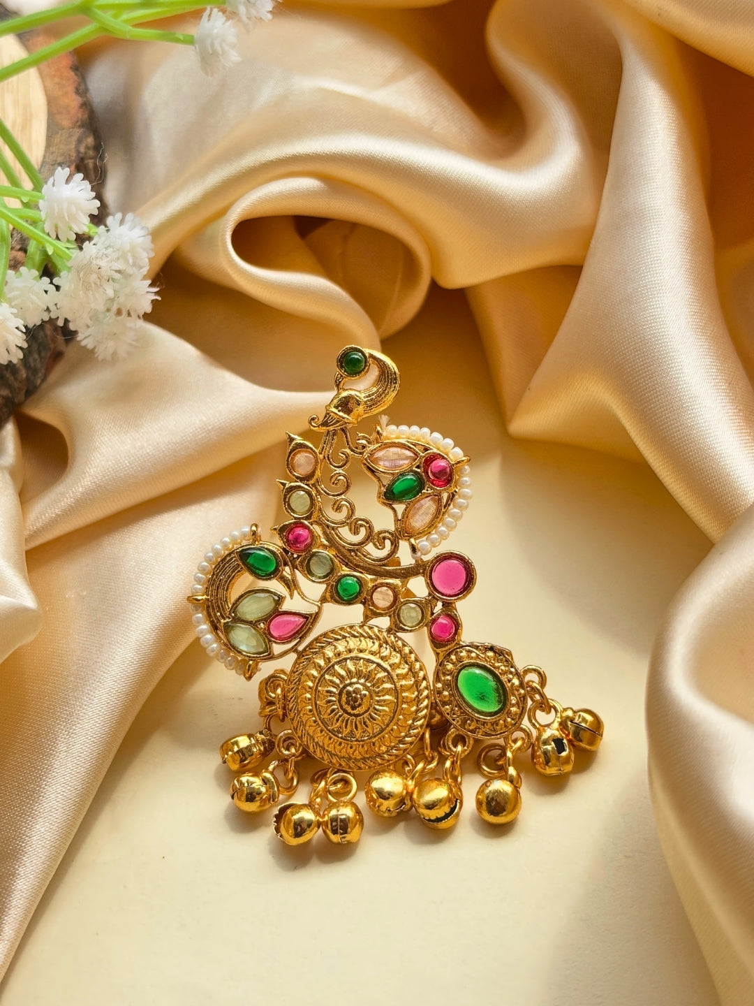 Gold-Plated Pink & Green Kundan Stones Ghungroo Adjustable Finger Ring