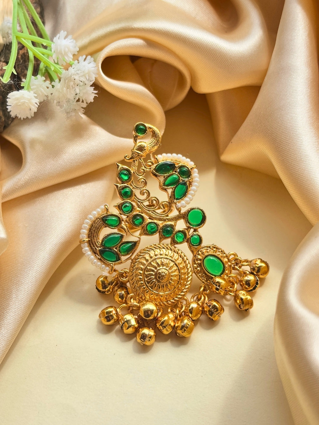 Gold-Plated Pink & Green Kundan Stones Ghungroo Adjustable Finger Ring